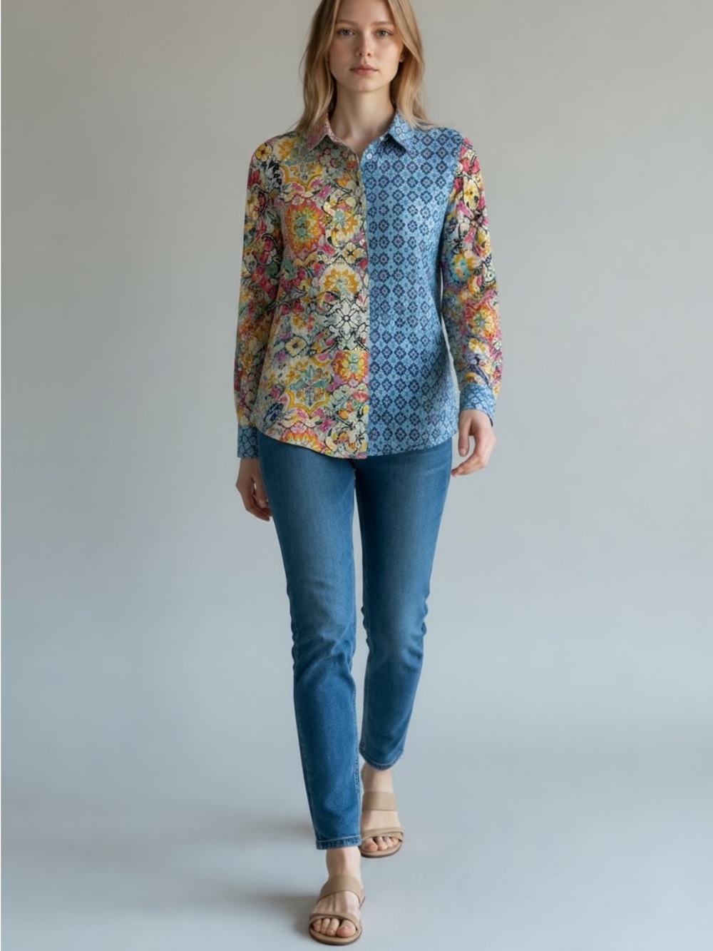 APNY NEW Button-Down Mixed Print Shirt - Blue Multi